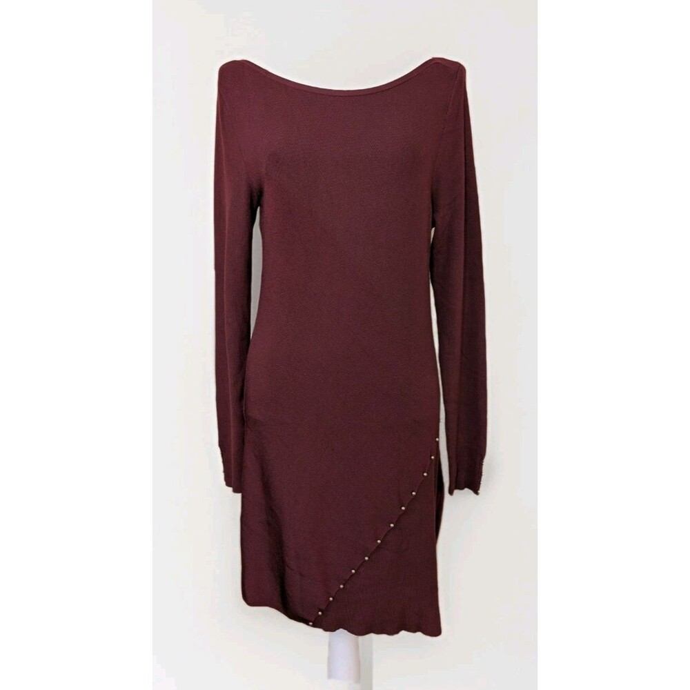 WHBM Dress Womens L Maroon Ribbed Knit Asymmetrical Long Sleeve Bateau Neck